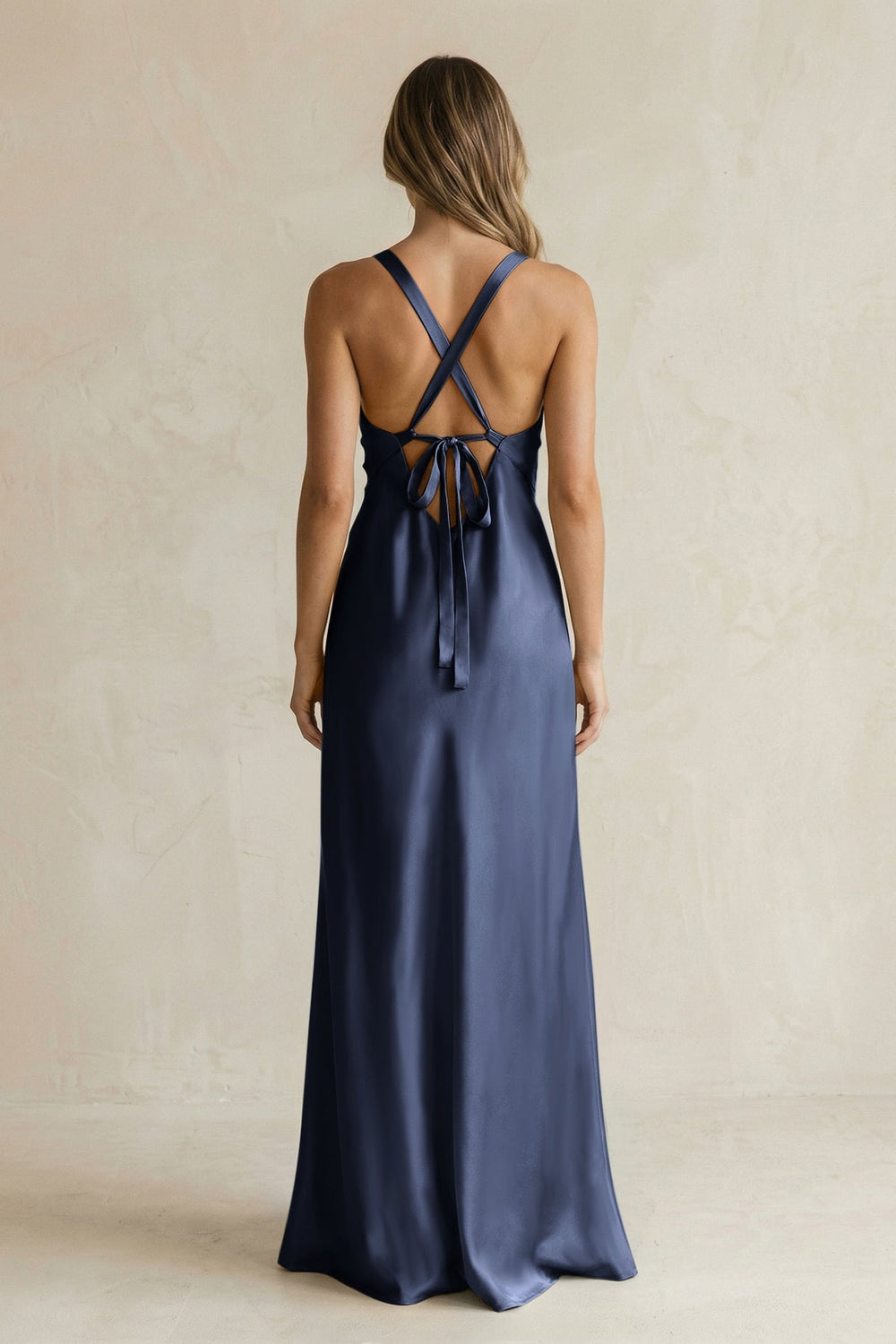 V - Neck Sheath Satin Bridesmaid Dress With Slit in Dark Navy - KISS BRIDAL Bridesmaid Dresses