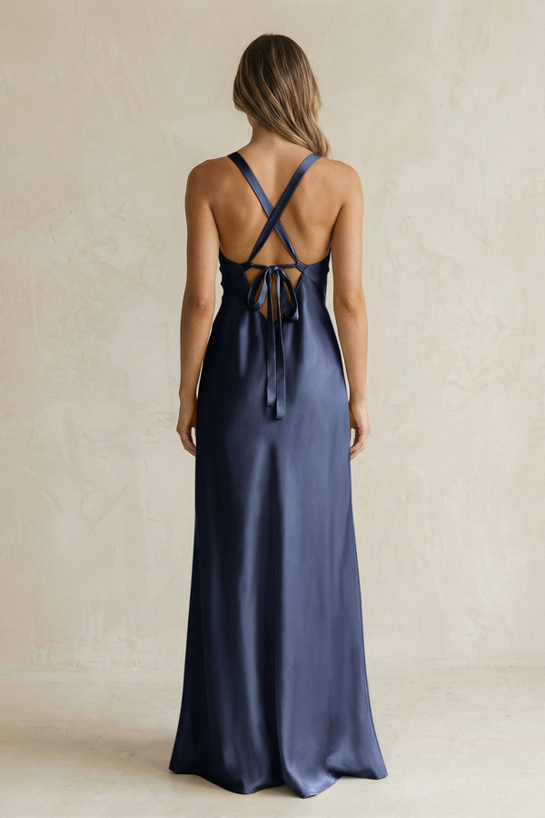 V - Neck Sheath Satin Bridesmaid Dress With Slit in Dark Navy - KISS BRIDAL Bridesmaid Dresses