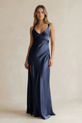 V - Neck Sheath Satin Bridesmaid Dress With Slit in Dark Navy - KISS BRIDAL Bridesmaid Dresses