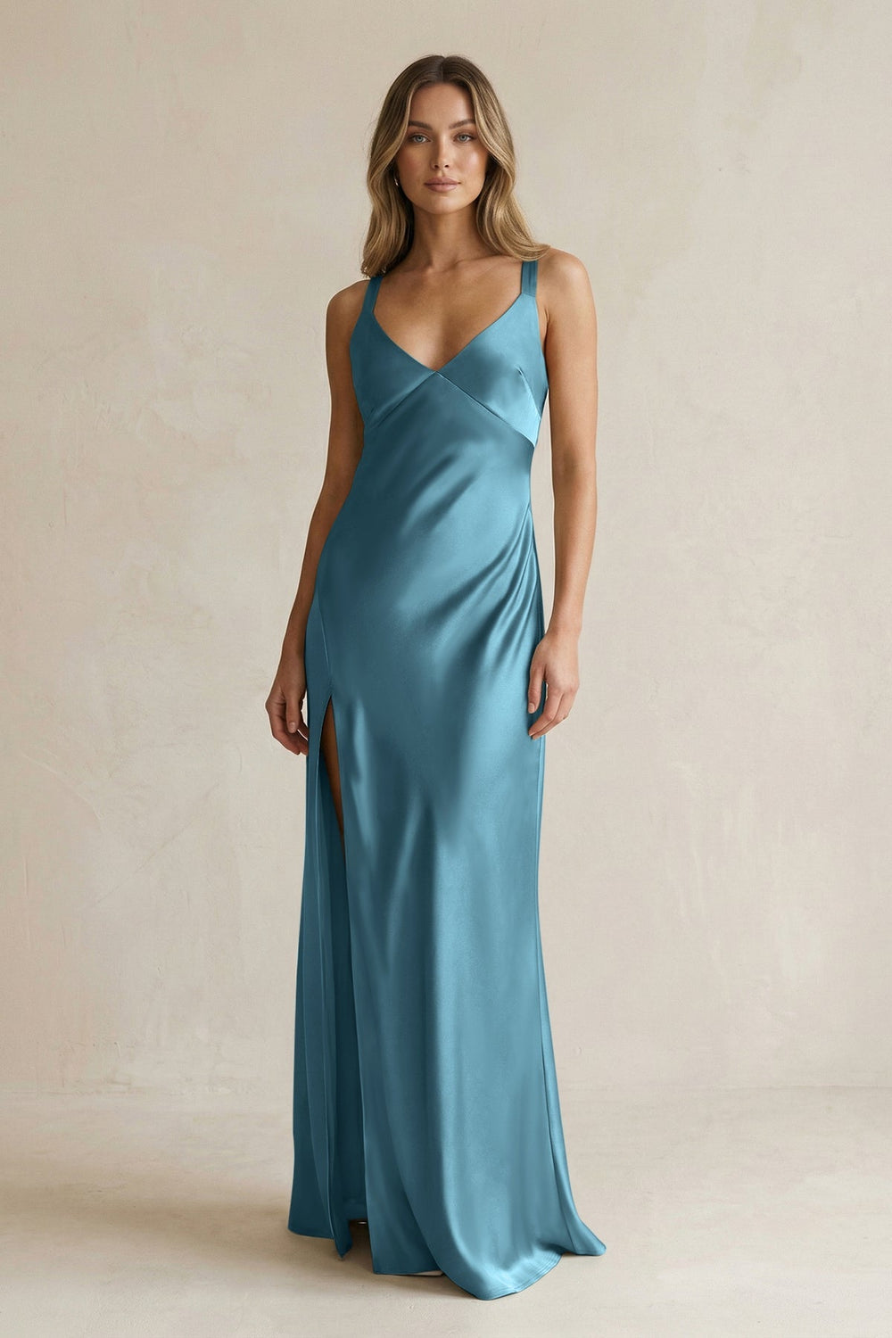 V - Neck Sheath Satin Bridesmaid Dress With Slit in Dark Teal - KISS BRIDAL Bridesmaid Dresses