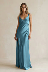 V - Neck Sheath Satin Bridesmaid Dress With Slit in Dark Teal - KISS BRIDAL Bridesmaid Dresses