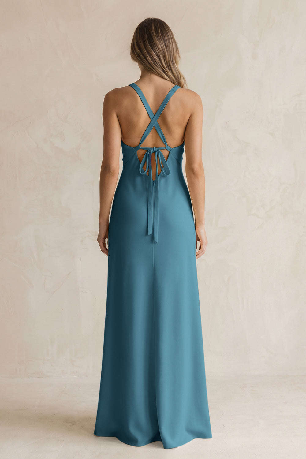 V-Neck Sheath Satin Bridesmaid Dress With Slit in Dark Teal