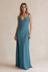 V-Neck Sheath Satin Bridesmaid Dress With Slit in Dark Teal | KISSBRIDAL