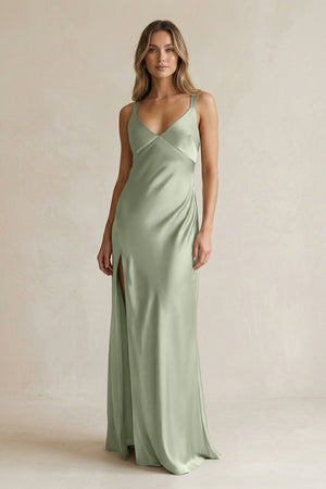 V - Neck Sheath Satin Bridesmaid Dress With Slit in Dove Gray - KISS BRIDAL Bridesmaid Dresses