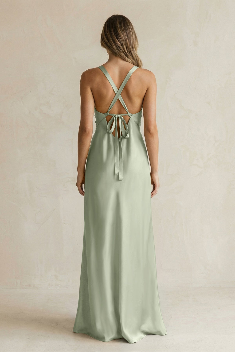 V - Neck Sheath Satin Bridesmaid Dress With Slit in Dove Gray - KISS BRIDAL Bridesmaid Dresses