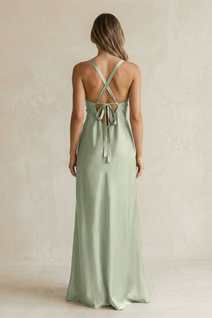 V - Neck Sheath Satin Bridesmaid Dress With Slit in Dove Gray - KISS BRIDAL Bridesmaid Dresses