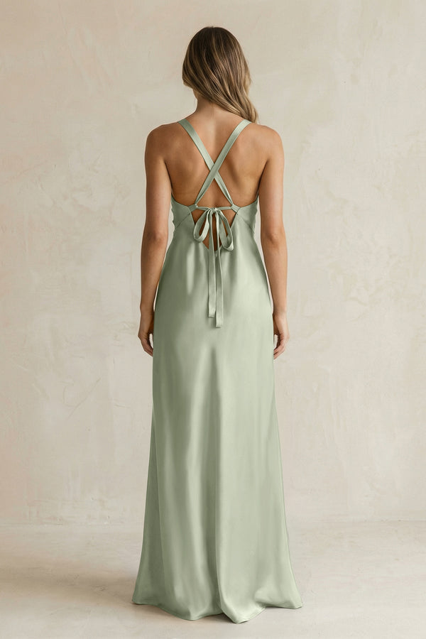 V - Neck Sheath Satin Bridesmaid Dress With Slit in Dove Gray - KISS BRIDAL Bridesmaid Dresses