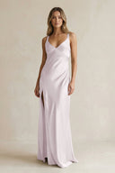 V - Neck Sheath Satin Bridesmaid Dress With Slit in Dusk - KISS BRIDAL Bridesmaid Dresses