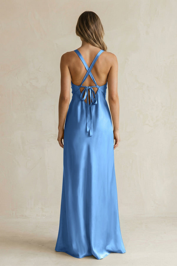 V - Neck Sheath Satin Bridesmaid Dress With Slit in Dusty Blue - KISS BRIDAL Bridesmaid Dresses