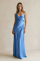 V - Neck Sheath Satin Bridesmaid Dress With Slit in Dusty Blue - KISS BRIDAL Bridesmaid Dresses