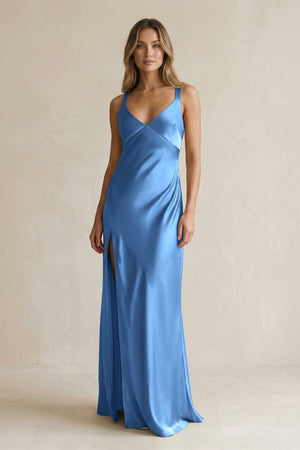 V - Neck Sheath Satin Bridesmaid Dress With Slit in Dusty Blue - KISS BRIDAL Bridesmaid Dresses