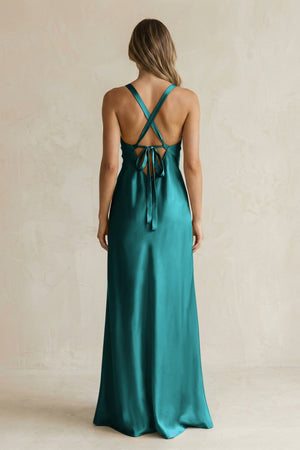 V - Neck Sheath Satin Bridesmaid Dress With Slit in Emerald - KISS BRIDAL Bridesmaid Dresses