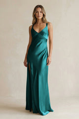 V - Neck Sheath Satin Bridesmaid Dress With Slit in Emerald - KISS BRIDAL Bridesmaid Dresses