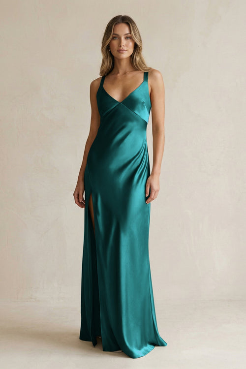 V - Neck Sheath Satin Bridesmaid Dress With Slit in Emerald - KISS BRIDAL Bridesmaid Dresses