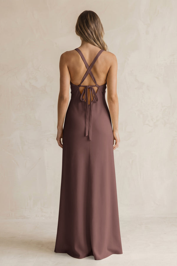 V-Neck Sheath Satin Bridesmaid Dress With Slit in Espresso (2) | KISSBRIDAL