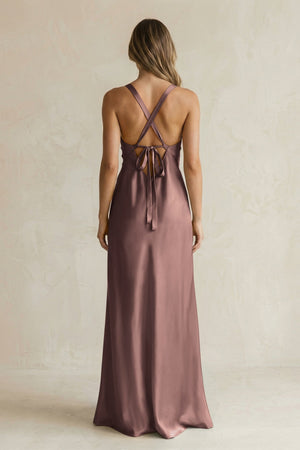 V - Neck Sheath Satin Bridesmaid Dress With Slit in Espresso - KISS BRIDAL Bridesmaid Dresses