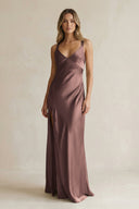V - Neck Sheath Satin Bridesmaid Dress With Slit in Espresso - KISS BRIDAL Bridesmaid Dresses