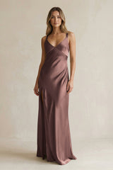 V - Neck Sheath Satin Bridesmaid Dress With Slit in Espresso - KISS BRIDAL Bridesmaid Dresses