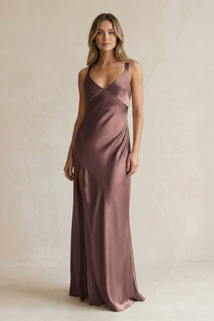 V - Neck Sheath Satin Bridesmaid Dress With Slit in Espresso - KISS BRIDAL Bridesmaid Dresses