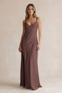 V-Neck Sheath Satin Bridesmaid Dress With Slit in Espresso | KISSBRIDAL