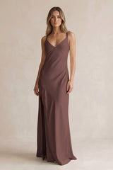 V-Neck Sheath Satin Bridesmaid Dress With Slit in Espresso | KISSBRIDAL