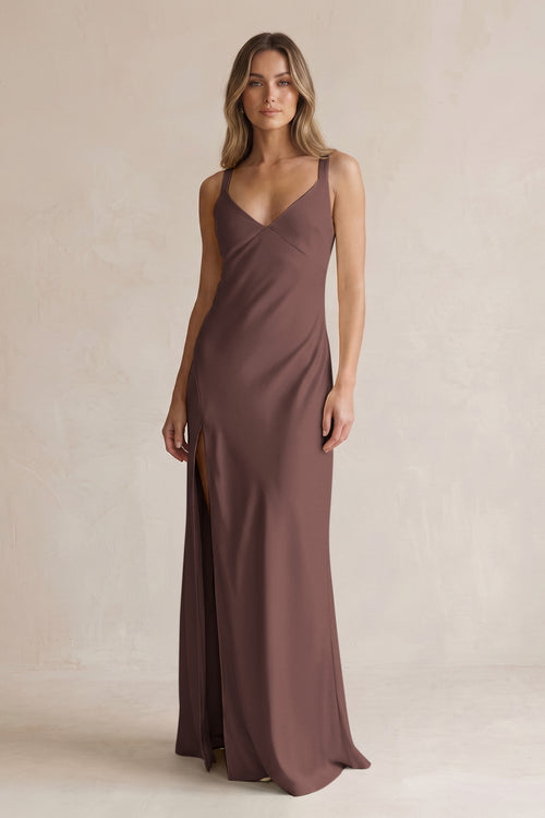 V-Neck Sheath Satin Bridesmaid Dress With Slit in Espresso | KISSBRIDAL