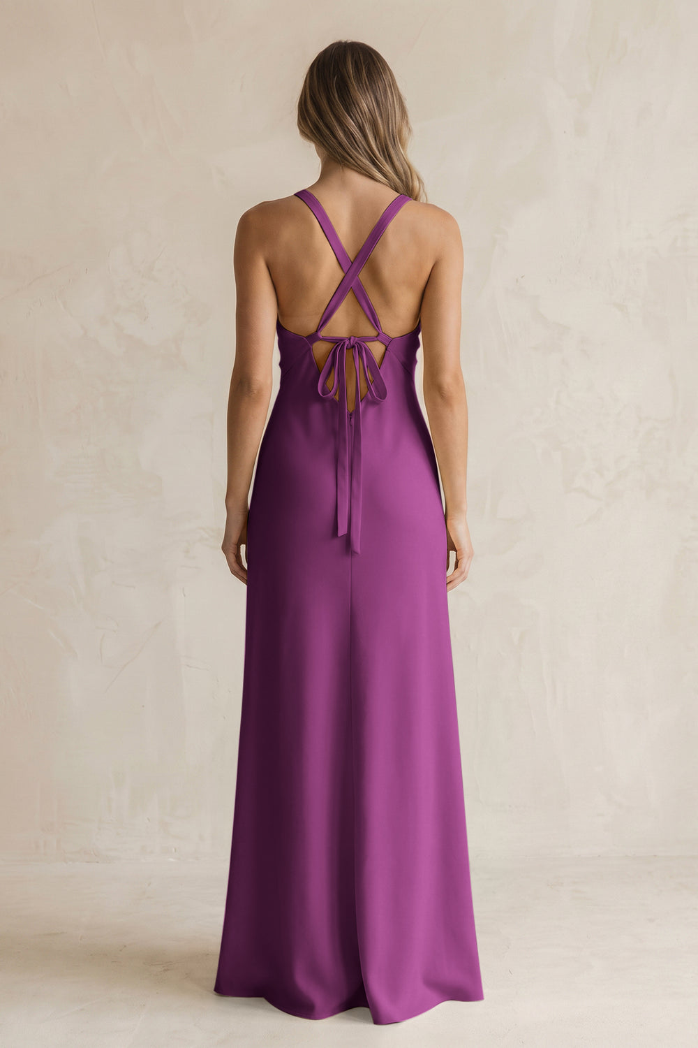 V-Neck Sheath Satin Bridesmaid Dress With Slit in Fig