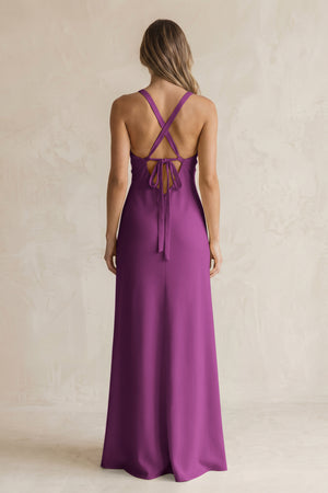 V-Neck Sheath Satin Bridesmaid Dress With Slit in Fig (2) | KISSBRIDAL