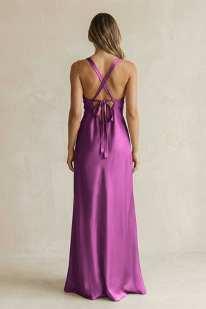 V - Neck Sheath Satin Bridesmaid Dress With Slit in Fig - KISS BRIDAL Bridesmaid Dresses