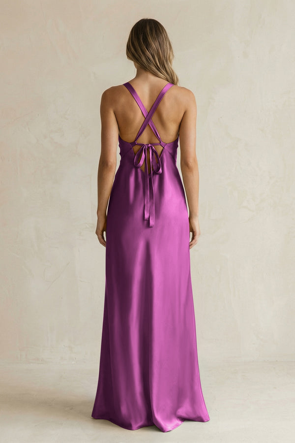 V - Neck Sheath Satin Bridesmaid Dress With Slit in Fig - KISS BRIDAL Bridesmaid Dresses