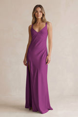 V-Neck Sheath Satin Bridesmaid Dress With Slit in Fig | KISSBRIDAL