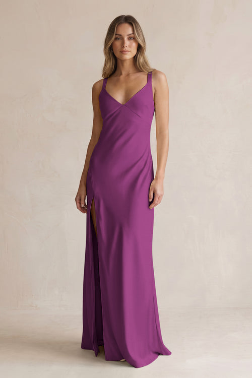 V-Neck Sheath Satin Bridesmaid Dress With Slit in Fig | KISSBRIDAL