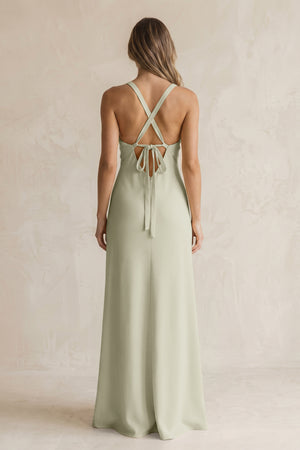 V-Neck Sheath Satin Bridesmaid Dress With Slit in Frost (2) | KISSBRIDAL