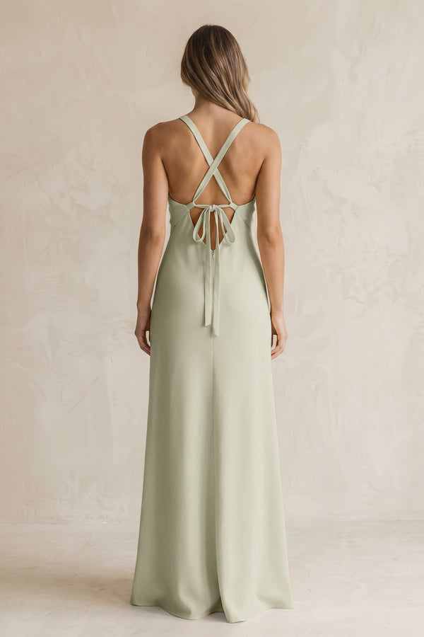 V-Neck Sheath Satin Bridesmaid Dress With Slit in Frost (2) | KISSBRIDAL