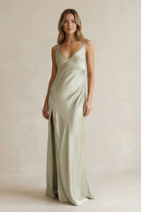 V - Neck Sheath Satin Bridesmaid Dress With Slit in Frost - KISS BRIDAL Bridesmaid Dresses