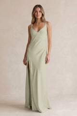 V-Neck Sheath Satin Bridesmaid Dress With Slit in Frost | KISSBRIDAL