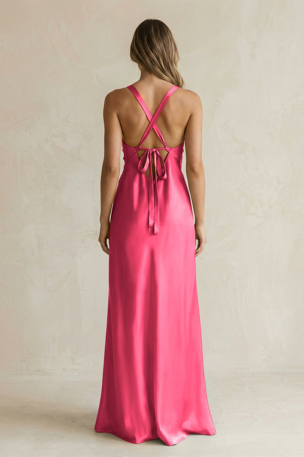 V - Neck Sheath Satin Bridesmaid Dress With Slit in Fuchsia - KISS BRIDAL Bridesmaid Dresses