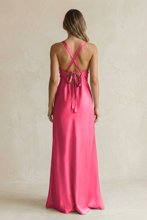 V - Neck Sheath Satin Bridesmaid Dress With Slit in Fuchsia - KISS BRIDAL Bridesmaid Dresses