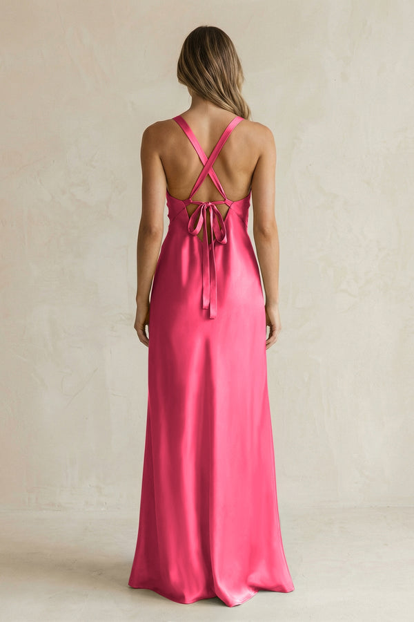 V - Neck Sheath Satin Bridesmaid Dress With Slit in Fuchsia - KISS BRIDAL Bridesmaid Dresses
