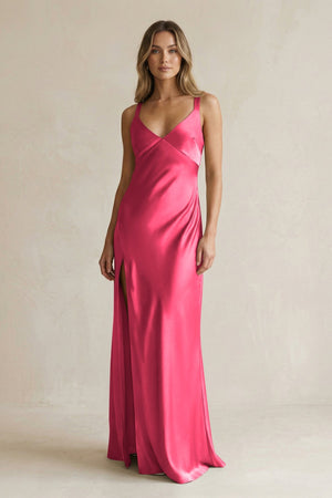 V - Neck Sheath Satin Bridesmaid Dress With Slit in Fuchsia - KISS BRIDAL Bridesmaid Dresses