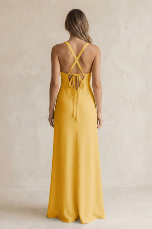 V-Neck Sheath Satin Bridesmaid Dress With Slit in Gold (2) | KISSBRIDAL
