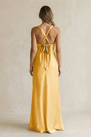 V - Neck Sheath Satin Bridesmaid Dress With Slit in Gold - KISS BRIDAL Bridesmaid Dresses
