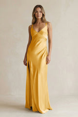 V - Neck Sheath Satin Bridesmaid Dress With Slit in Gold - KISS BRIDAL Bridesmaid Dresses
