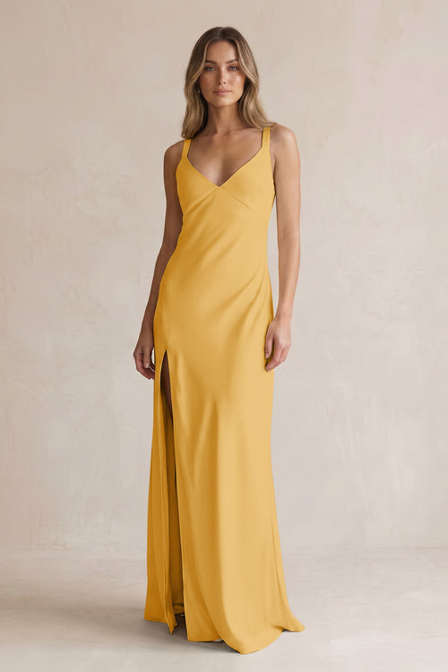 V-Neck Sheath Satin Bridesmaid Dress With Slit in Gold | KISSBRIDAL