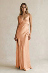 V - Neck Sheath Satin Bridesmaid Dress With Slit in Golden Champagne - KISS BRIDAL Bridesmaid Dresses