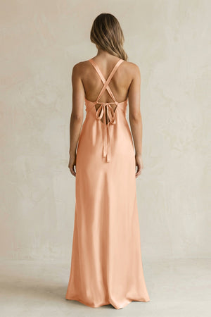 V - Neck Sheath Satin Bridesmaid Dress With Slit in Golden Champagne - KISS BRIDAL Bridesmaid Dresses