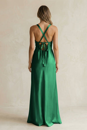 V - Neck Sheath Satin Bridesmaid Dress With Slit in Green - KISS BRIDAL Bridesmaid Dresses