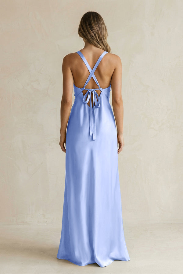 V - Neck Sheath Satin Bridesmaid Dress With Slit in Ice - KISS BRIDAL Bridesmaid Dresses