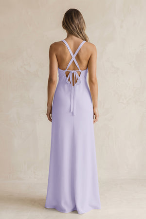V-Neck Sheath Satin Bridesmaid Dress With Slit in Lavender (2) | KISSBRIDAL