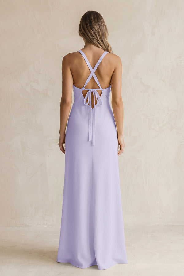 V-Neck Sheath Satin Bridesmaid Dress With Slit in Lavender (2) | KISSBRIDAL
